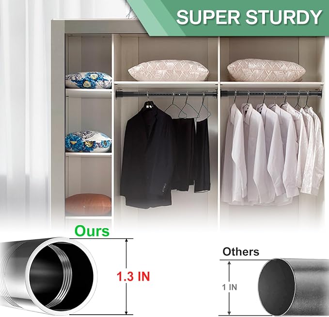 Closet Rod, 17 to 51 Inch 1.3 Inch Diameter Heavy Duty Adjustable Closet Rods - Image 2