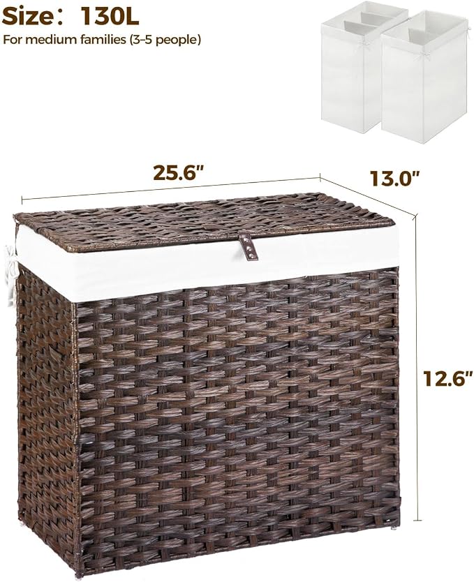 GREENSTELL Laundry Hamper with Wheels&Lid, 130L Large 3 Sections Clothes Hamper - Image 5