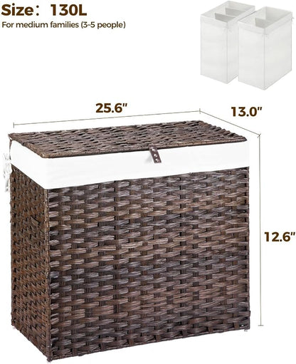 GREENSTELL Laundry Hamper with Wheels&Lid, 130L Large 3 Sections Clothes Hamper - Image 5