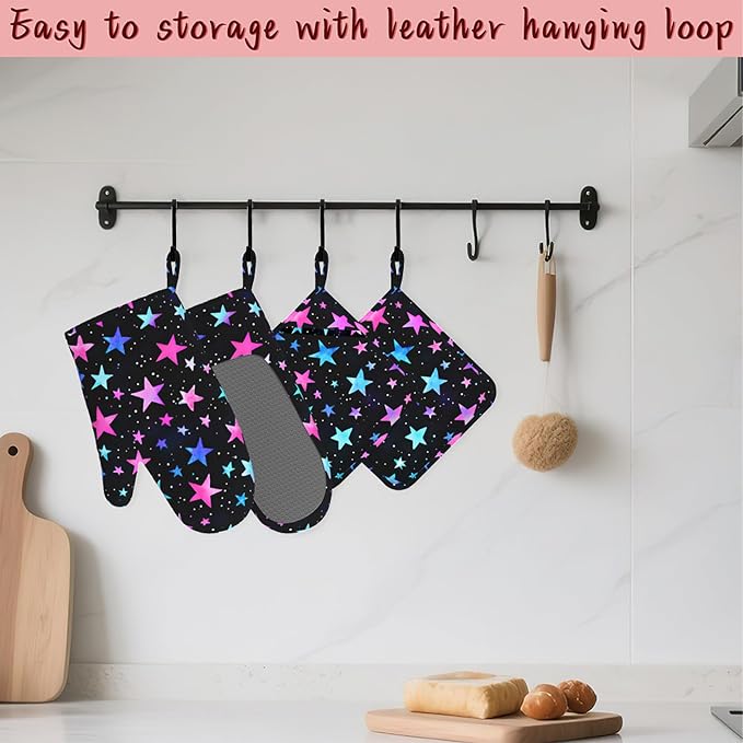 Blue Pink Stars Heat-Resistant Silicone Oven Mitts and Pot Holder 4 Piece Set - Image 5