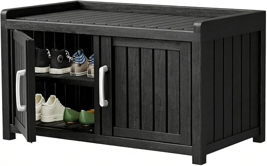 2-Tier Storage Bench, 2 Doors Waterproof Resin Shoe Bench by Outdoorchairs