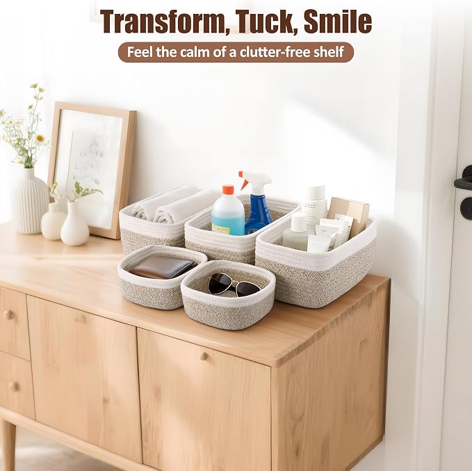 5-Pack Small Woven Rope Storage Baskets, 2 Sizes Organizer Bins | Fabric Cube - Image 5