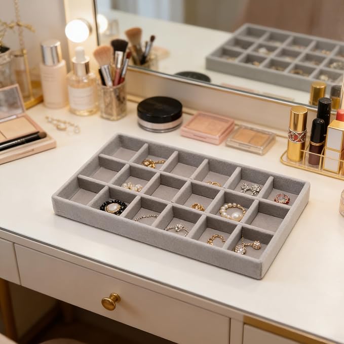 Velvet Jewelry Organizer Trays Gray, 18 Grids | Stackable Jewelry Storage - Image 5
