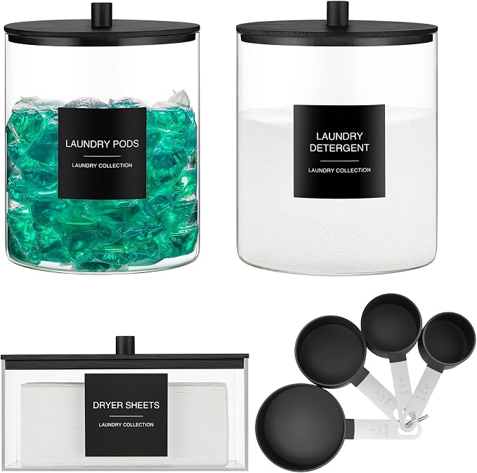 3 Pack Glass Jars and Acrylic Dryer Sheet Holder, Laundry Pods Container by TIPGO