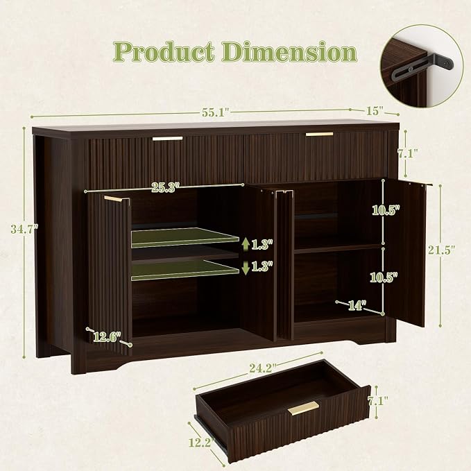 Cyclysio 55" Fluted Buffet Cabinet - Image 3