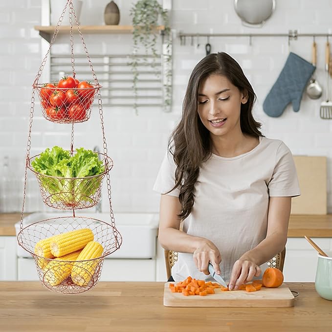 2PCS 3 Tier Hanging Fruit Basket Wire Kitchen Storage Organizer | Rose Gold - Image 5