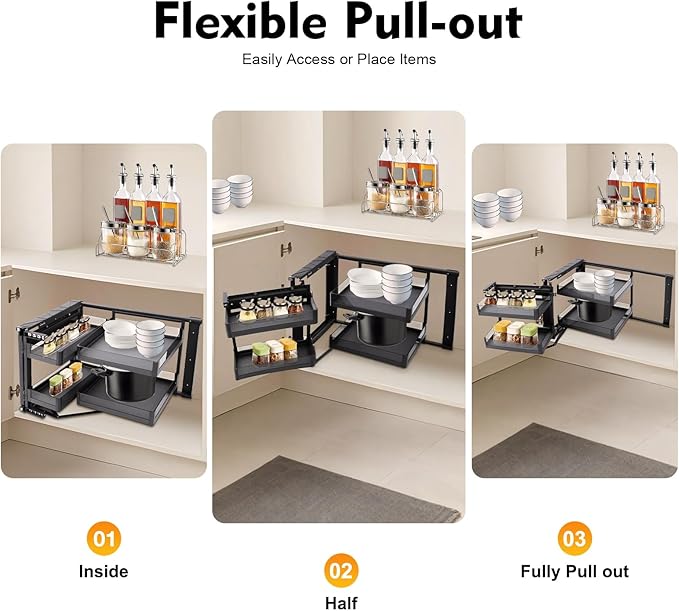 Blind Corner Cabinet Pull Out Organizer, 14 Inch 2 Tiers Pull Out Shelf - Image 4