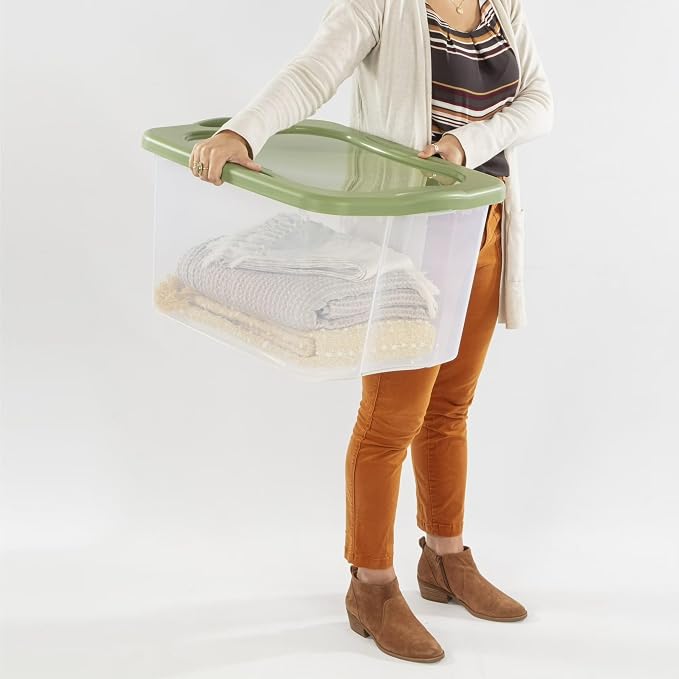 70 Quart Large Clear Plastic Storage Bin, 24 5/8" x 18 3/4" x 13 7/8 | Green Lid - Image 7