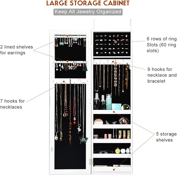 Giantex Jewelry Armoire with Full Length Mirror, Wall and Door Mounted Jewelry - Image 5
