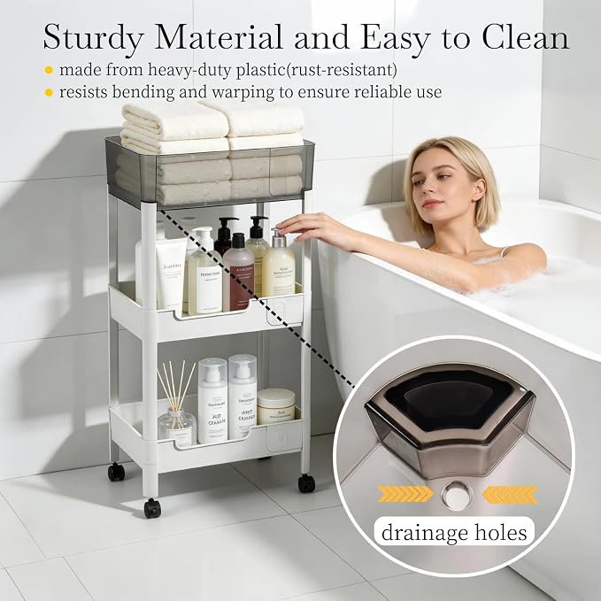 3 Tier Rolling Cart with Wheels 4.7'' Deep Baskets Bathroom Storage Shelf Heavy - Image 6