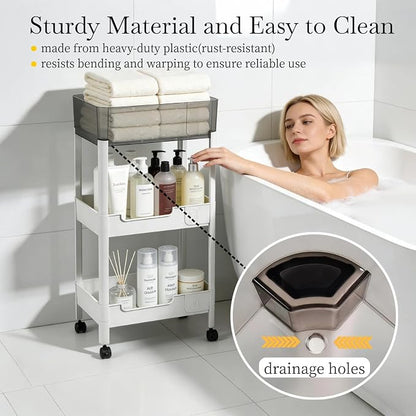 3 Tier Rolling Cart with Wheels 4.7'' Deep Baskets Bathroom Storage Shelf Heavy - Image 6