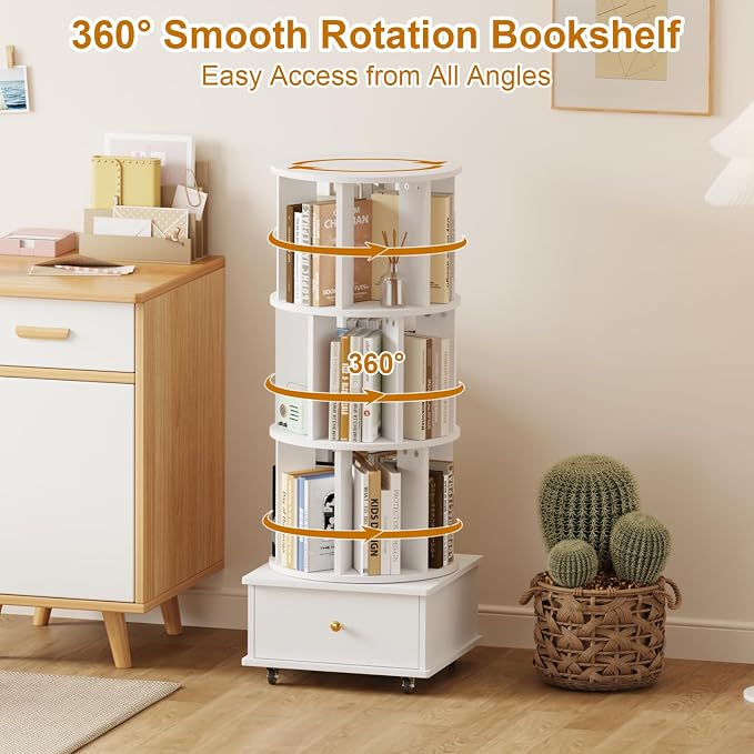 Rotating Bookshelf with Drawers on Lockable Wheels Wood White | 4 Tier Spinning - Image 3