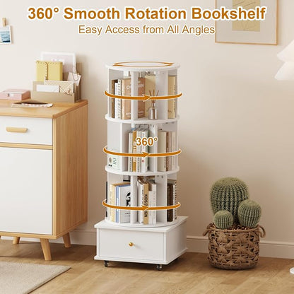 Rotating Bookshelf with Drawers on Lockable Wheels Wood White | 4 Tier Spinning - Image 3