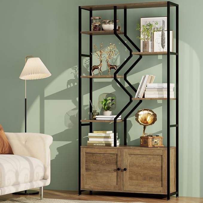 76" Tall Shelf with Storage Cabinet Doors, 6 Tier Open Bookshelf by KeyluvHome