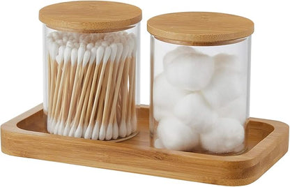 Glass Qtip Holder with Vanity Tray, Apothecary Jars Bathroom Accessories by INIUNIK