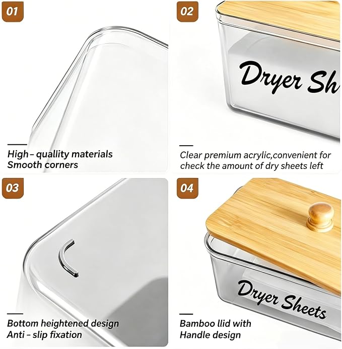 Dryer Sheet Holder with Bamboo Lid, Acrylic Laundry Clear Dryer Sheets - Image 7