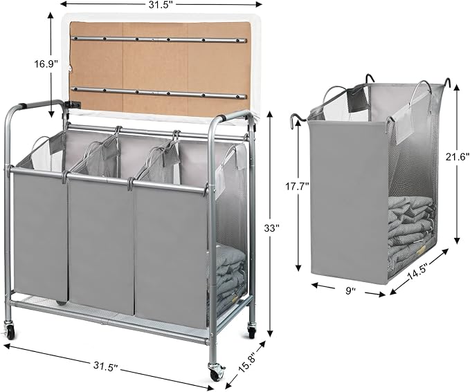 3 Bags Laundry Sorter Cart, Heavy Duty Rolling Laundry Hamper Sorter - Image 7