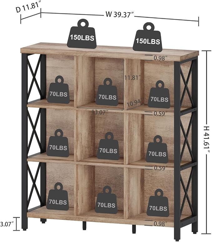 FATORRI 9 Cube Storage Bookshelf, 4 Shelf Book Shelf, Farmhouse Wood and Metal - Image 2