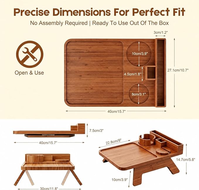 Bamboo Couch Arm Tray, with Cup Holder Phone Stand&Non-Slip | 100% side-pressed - Image 4