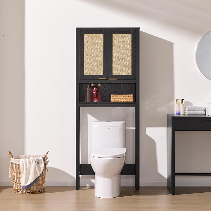 SICOTAS Over the Toilet Storage Cabinet, Rattan Door Bathroom Organizer | - Image 3