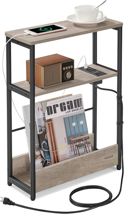 VASAGLE Side Table with Charging Station, Narrow End Table, 3-Tier Nightstand by VASAGLEbySONGMICSHOME
