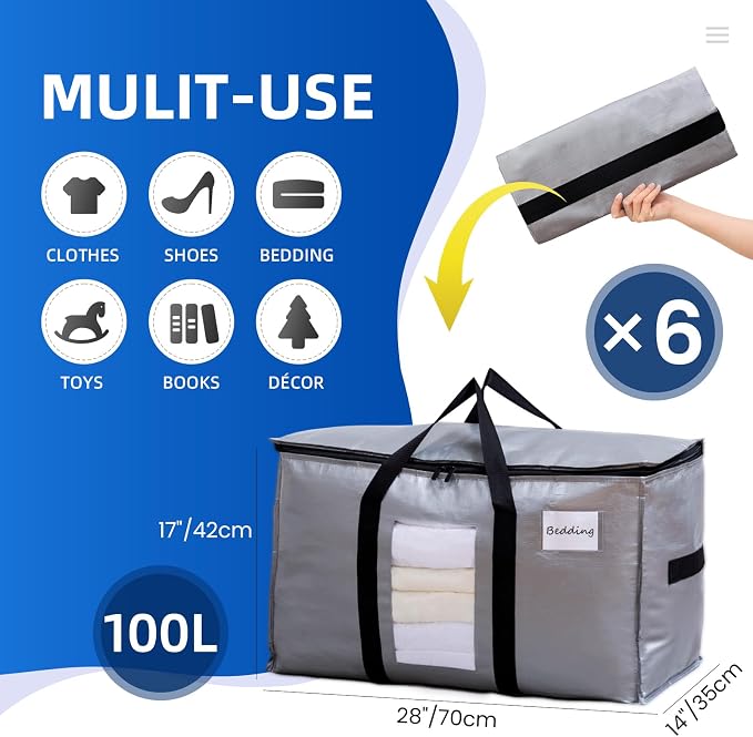 TAILI Extra Large Moving Bags, 6 Pack Silver Heavy Duty Totes - Image 2