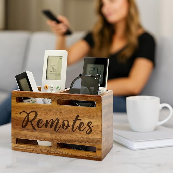 Hilislog Acacia Wood Remote Control Holder Wall Mount Wooden Caddy TV Remote - Image 3