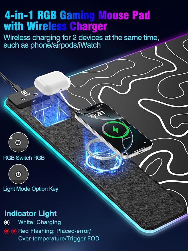 Mouse Pad with Magnetic Wireless Charging, Large Desk Pad Protector, RGB Black - Image 2