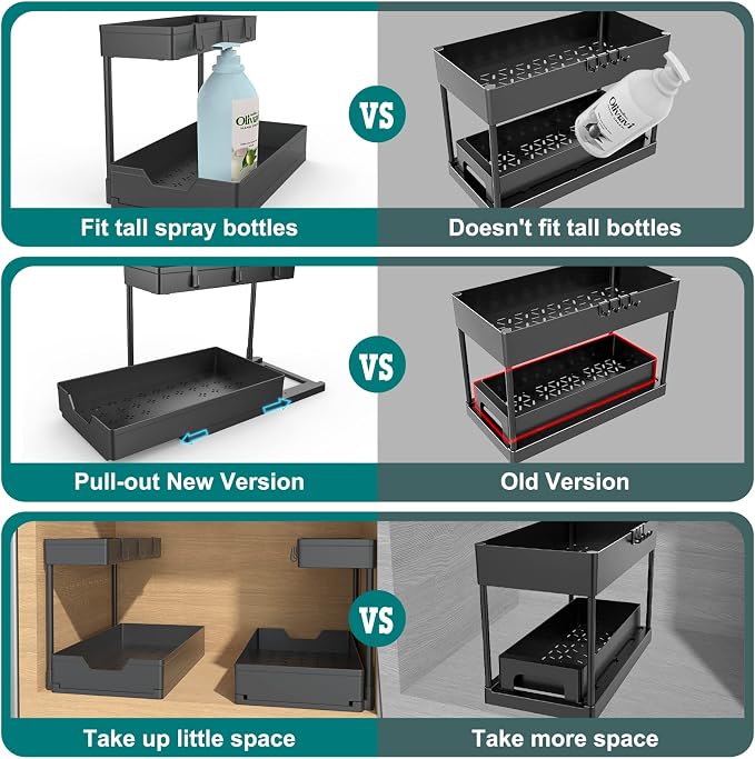 NATURE'S SOURCE 2 Pack Under Sink Organizer 2 Tier Sliding Cabinet Organizers - Image 5