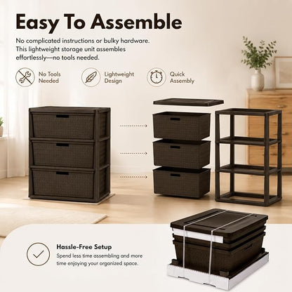 Wide 3 Drawer Plastic Storage Tower Organizer, Tool-Free Assembly Drawer Unit - Image 7