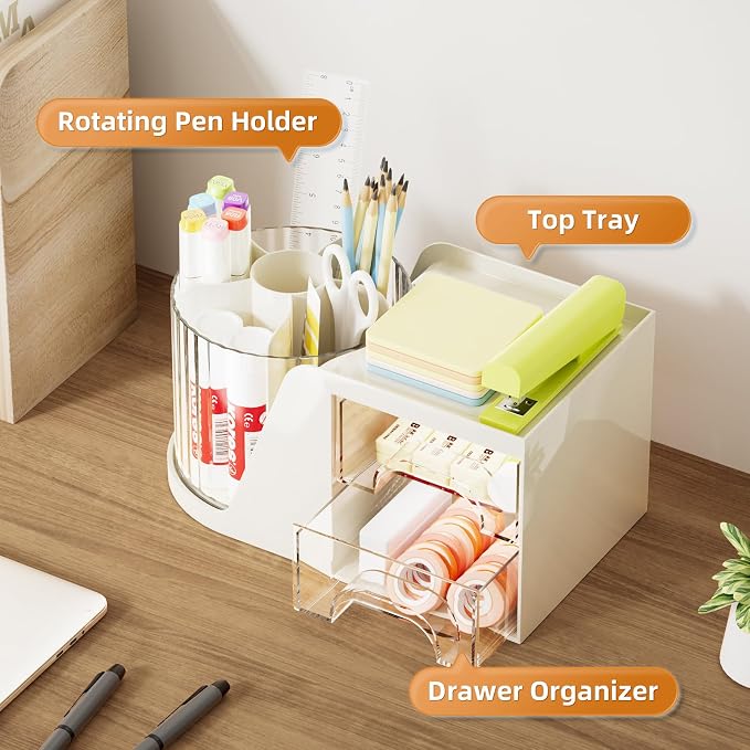 Marbrasse Desk Organizer with 2 Drawer, 360°Rotating Pen Holder, Desk - Image 2