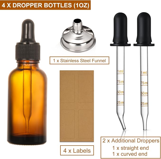 4 Pack, 1 oz Amber Glass Dropper Bottles Plus 2pcs Graduated Calibrated Glass - Image 2
