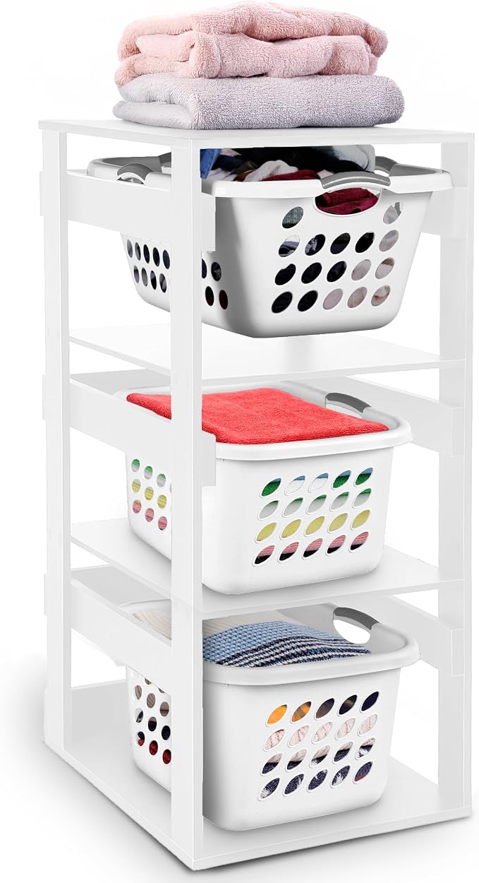 Laundry Basket Holder Shelf – Stackable Engineered Wood Laundry Tower, Tiered - Image 9