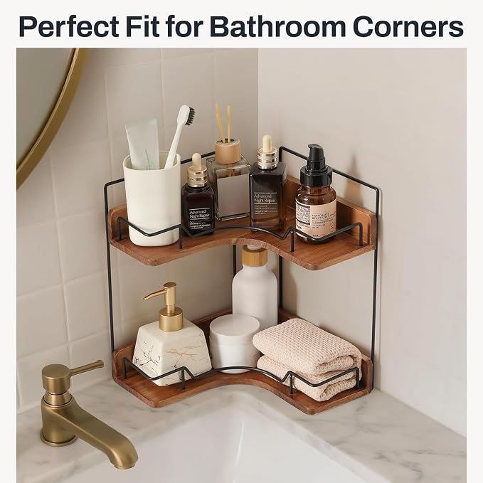 2-Tier Bathroom Counter Organizer, Wooden Corner Shelf - Image 4