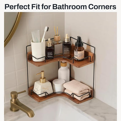 2-Tier Bathroom Counter Organizer, Wooden Corner Shelf - Image 4