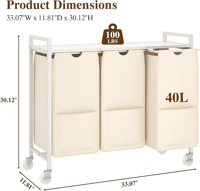 3-Section Laundry Hamper with Shelf, Pull-Out Removable 12.8 gal Bags, Metal - Image 7
