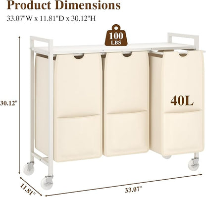 Laundry Sorter with Wheels, 3 Section, Removable Pull-Out Fabric Bags, Rolling - Image 3