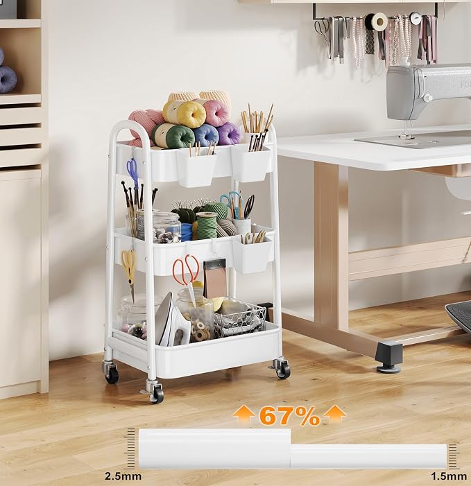 3 Tier Rolling Cart Metal with Wheels, Heavy Duty White Three Tiered Craft Cart - Image 9