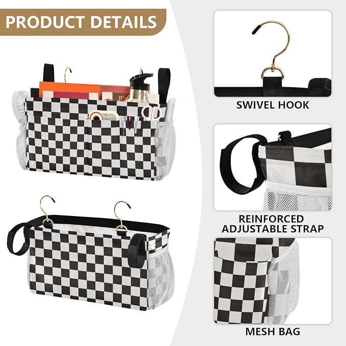 Checkered Black Bedside Caddy for Dorm Bed Bedside Hanging Caddy Bag Iron Frame - Image 5