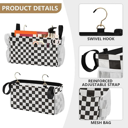 Checkered Black Bedside Caddy for Dorm Bed Bedside Hanging Caddy Bag Iron Frame - Image 5