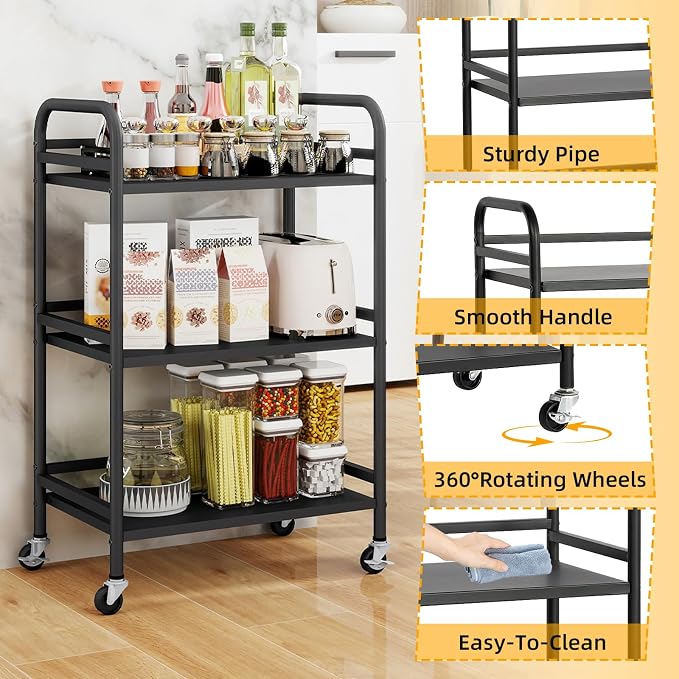HDANI 3 Tier Rolling Cart Shelves, Heavy Duty Multifunctional Metal - Image 8