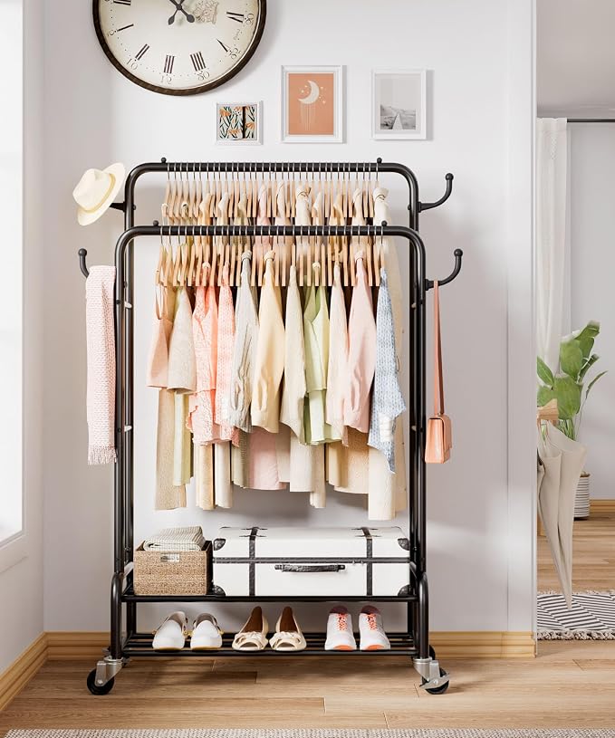 Homde Heavy Duty Clothes Rack: 265lb Rolling Double Rod Garment Hanging - Image 7