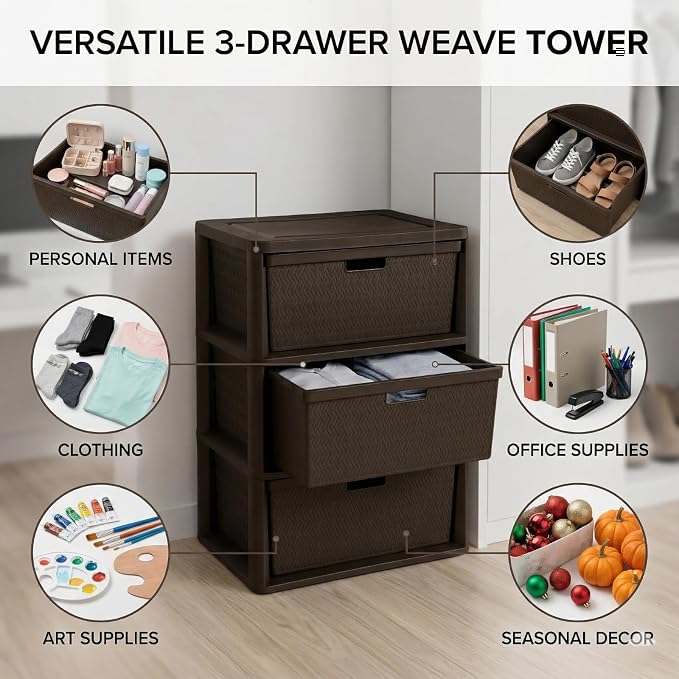 3 Drawer Wide Weave Storage Tower, Modern Style Decorative Freestanding Storage - Image 4