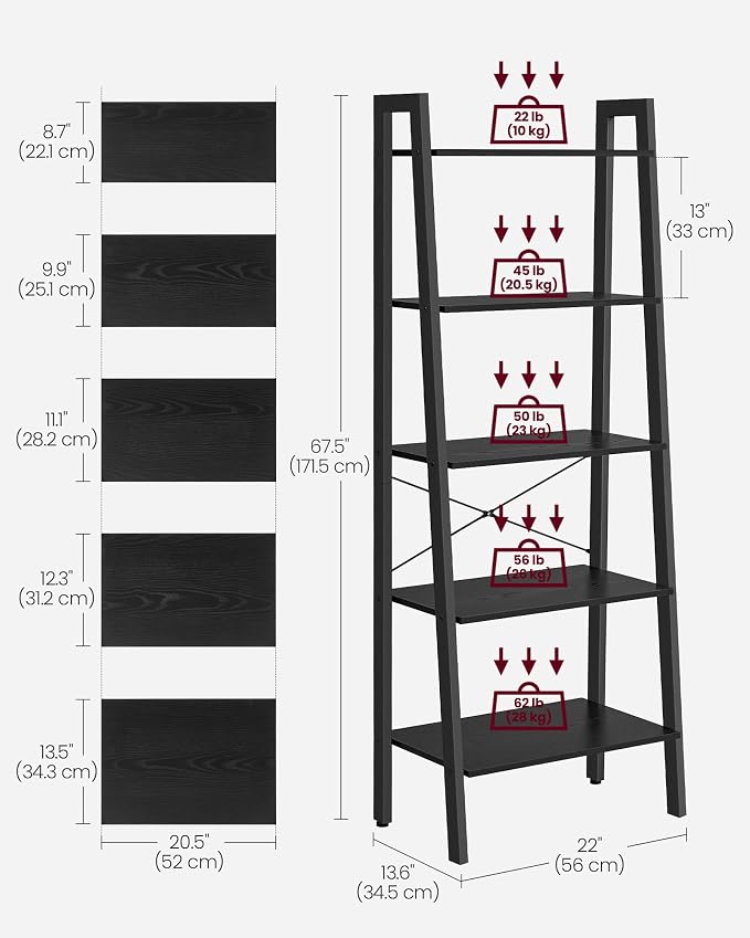 VASAGLE Ladder Shelf, 5-Tier Bookshelf, Storage Rack, Bookcase - Image 3