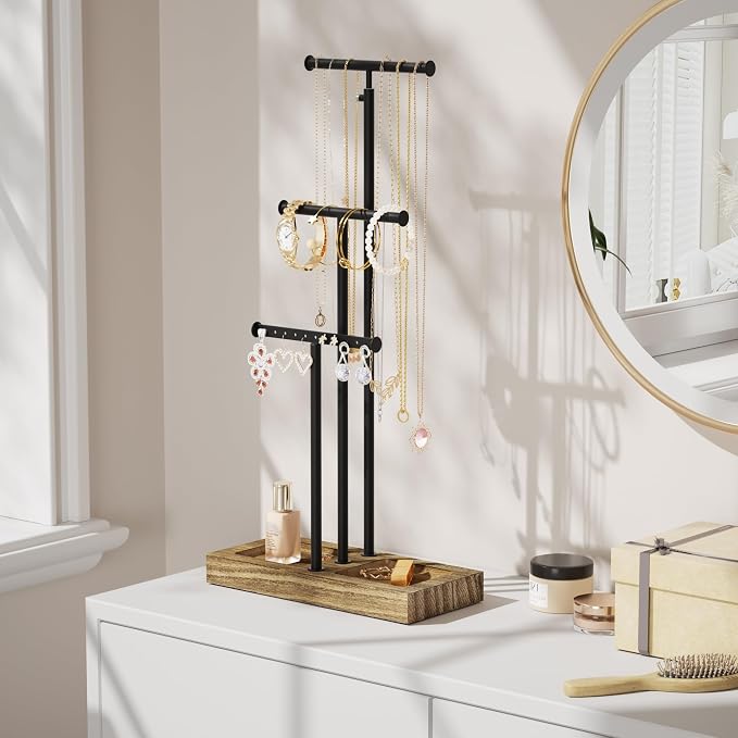 Love-KANKEI Jewelry Organizer Stand Metal & Wood Base and Large Storage - Image 3