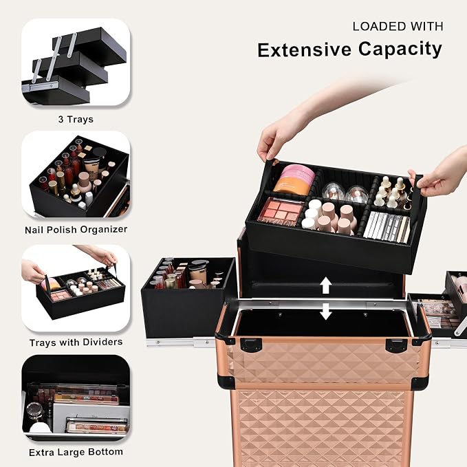 Stagiant Rolling Makeup Train Case Large Storage Cosmetic Trolley 4 Tray - Image 3