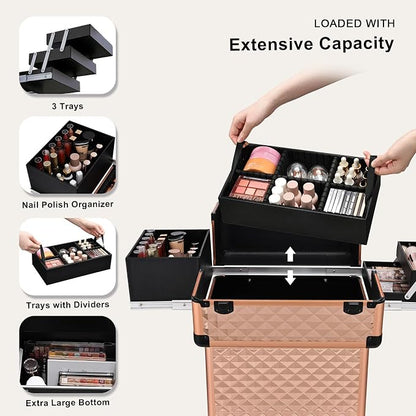 Stagiant Rolling Makeup Train Case Large Storage Cosmetic Trolley 4 Tray - Image 3