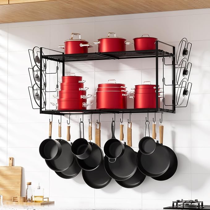 31 Inch Pot Rack Wall Mounted, 2-Tier Hanging Pots and Pans Organizer by Homics