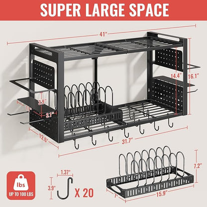 31 Inch Pot Rack Wall Mounted, 2-Tier Pots and Pans Hanging Organizer - Image 2