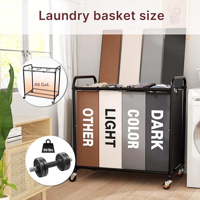 180L Laundry Sorter 4 Section – Heavy Duty Rolling Laundry Basket - Image 3